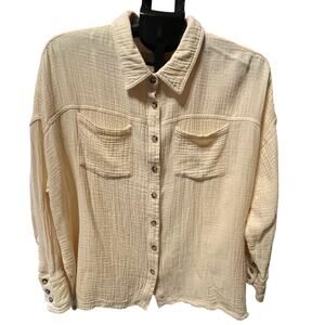 Sage + Fig Gauze Button Down Shirt Womens M Peach Cream Boxy Flowy Top coastal